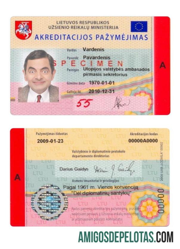 Cartão de certificado de credenciamento da Lituânia exemplo real